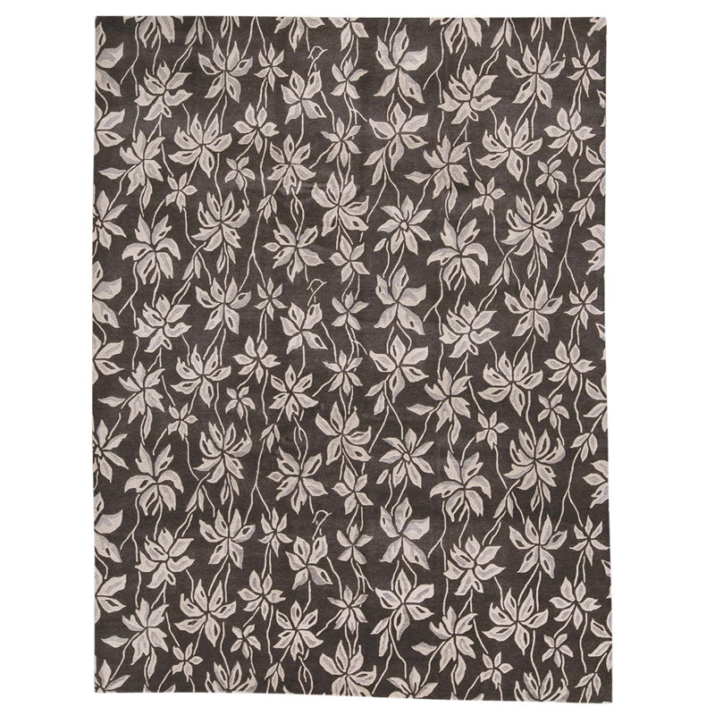 Tapis gris / noir noué à la main de conception unique 9 pi x 12 pi One-of-a-Kind