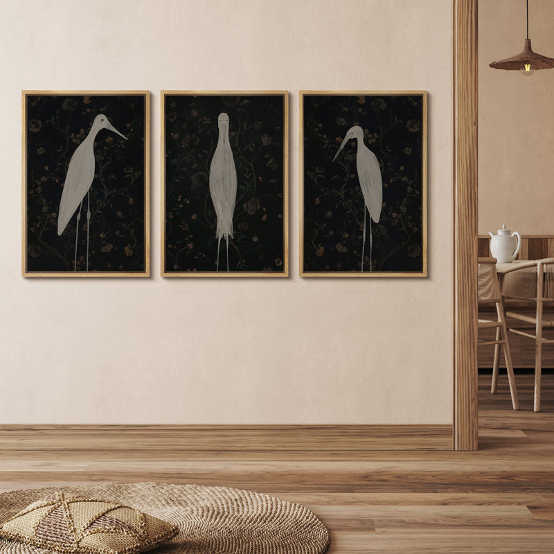 Impression florale sur toile à motif floral, grue blanche triptyque, oiseau botanique rétro, H 24 po x l 36 po, Naturel