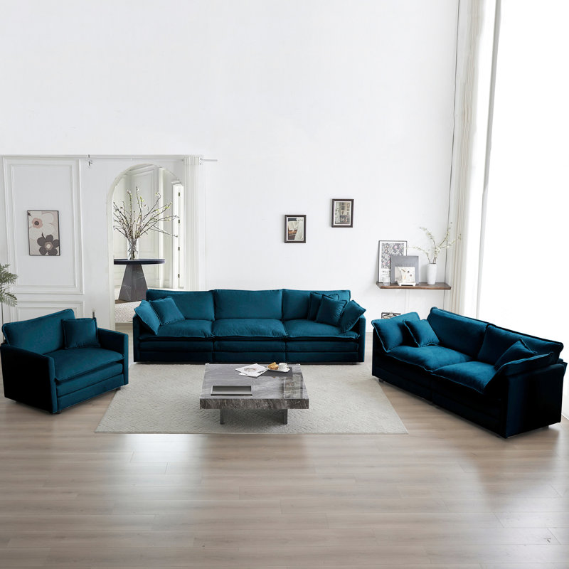 Canapé moderne 3 pièces, canapé modulaire à assise très profonde, chenille bleue, bois, éponge, pièce modulaire élégante en chenille, assise, base en bois massif, tissu respirant, confortable