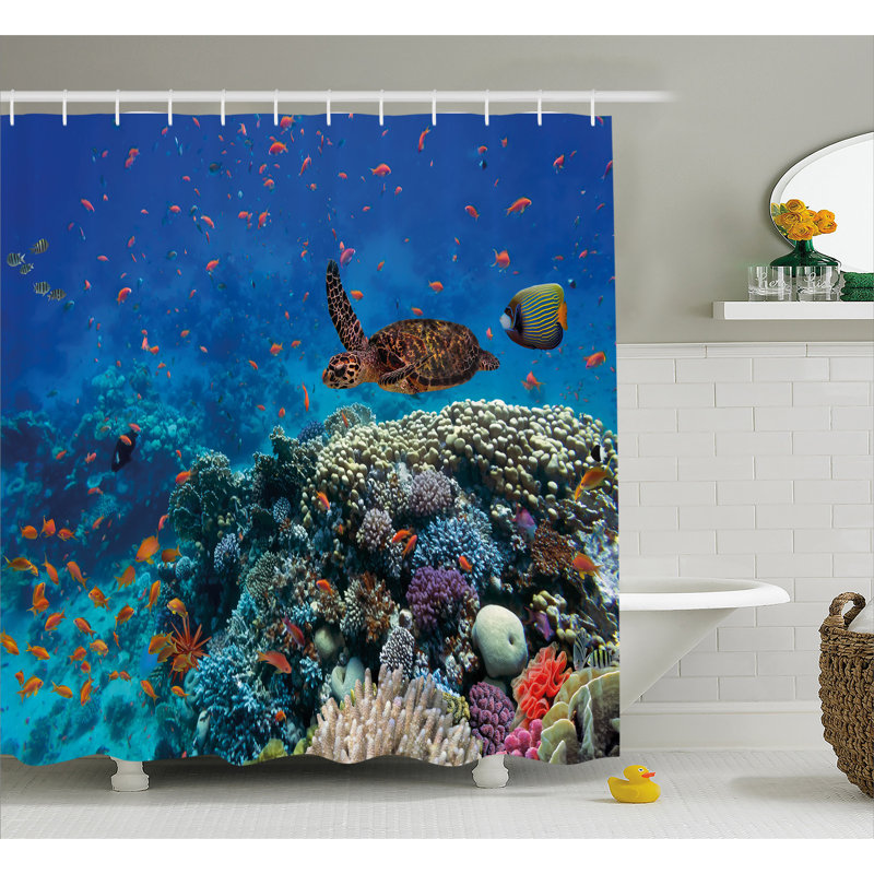 Rideau de douche et crochets de douche décoration et tortue, H 69 po x l 84 po