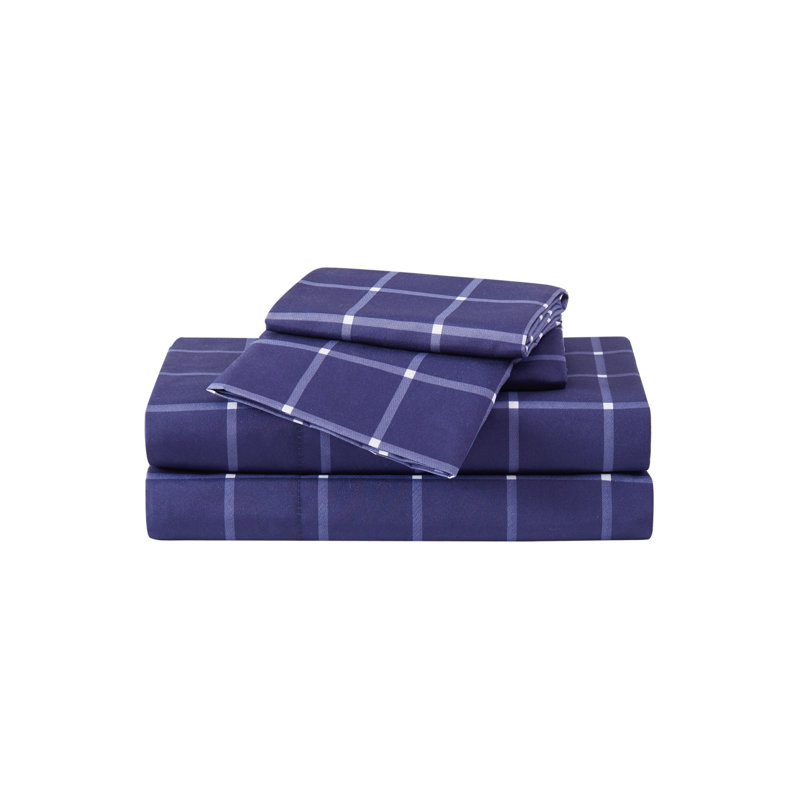 Truly Soft Tattersall Polyester Standard Plaid Sheet Set, Twin Sheet Set + Fitted Sheet + 1 Pillowcase, Navy/White