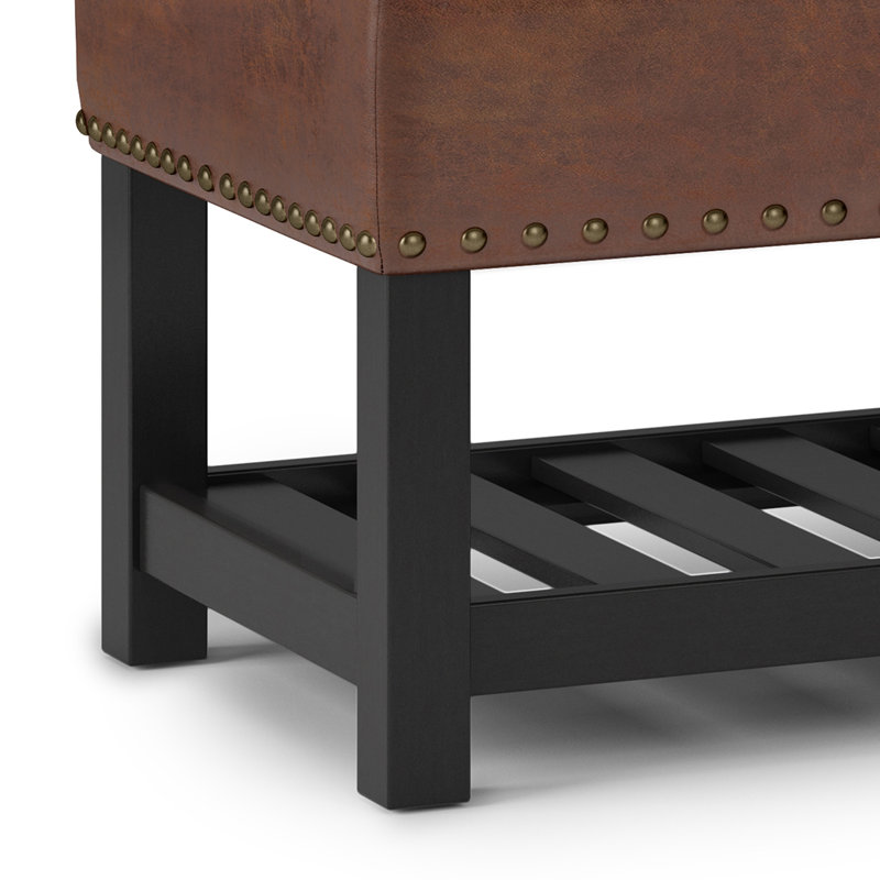 Distressed Saddle Brown Tufted Faux Leather Storage Bench