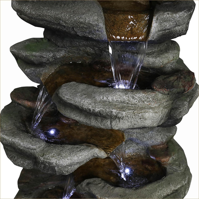 Fountains (Fuente, Cascada, Jardín) 6-Tier 30.7"H Rock Waterfall Fountain with LED Lights, for Patio Garden | Resin | Rock Fountain