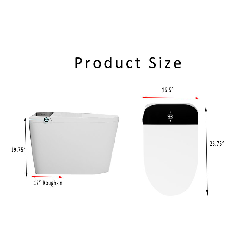 Smart Toilet With Bidet Seat, Auto Open & Close, Off Seat Auto Flush, Heated Seat, Warm Water And Dry, Night Light, Side Knob,Remote Foot Sensoer Hands-Free Operation