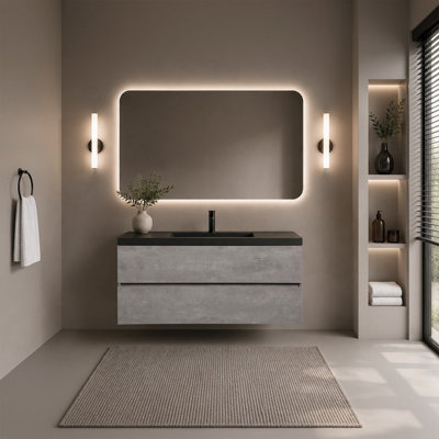 Meuble-lavabo mural de 72 po avec comptoir en quartz et double lavabo, armoire gris ciment, 4 tiroirs