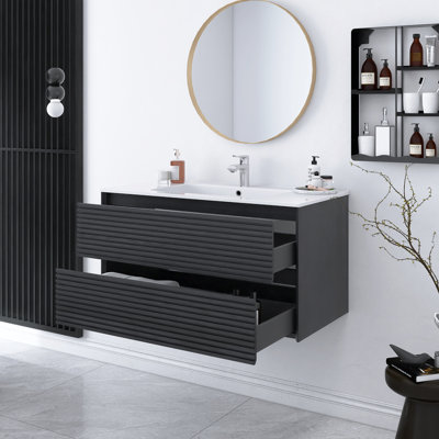 Meuble-lavabo de 36 po avec lavabo, armoire de rangement murale en contreplaqué flottant avec 2 tiroirs, vasque en céramique blanche, pré-assemblé