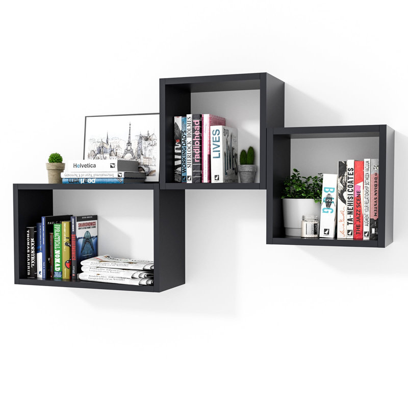  Wall Mount Cube Shelf Set Of 3,Floating Cube Shelves For Space Discovery, Black, BLack