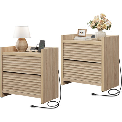 Bethlehem Modern 2-Drawer Nightstand With Horizontal Slatted Front & Built-In Charging Station