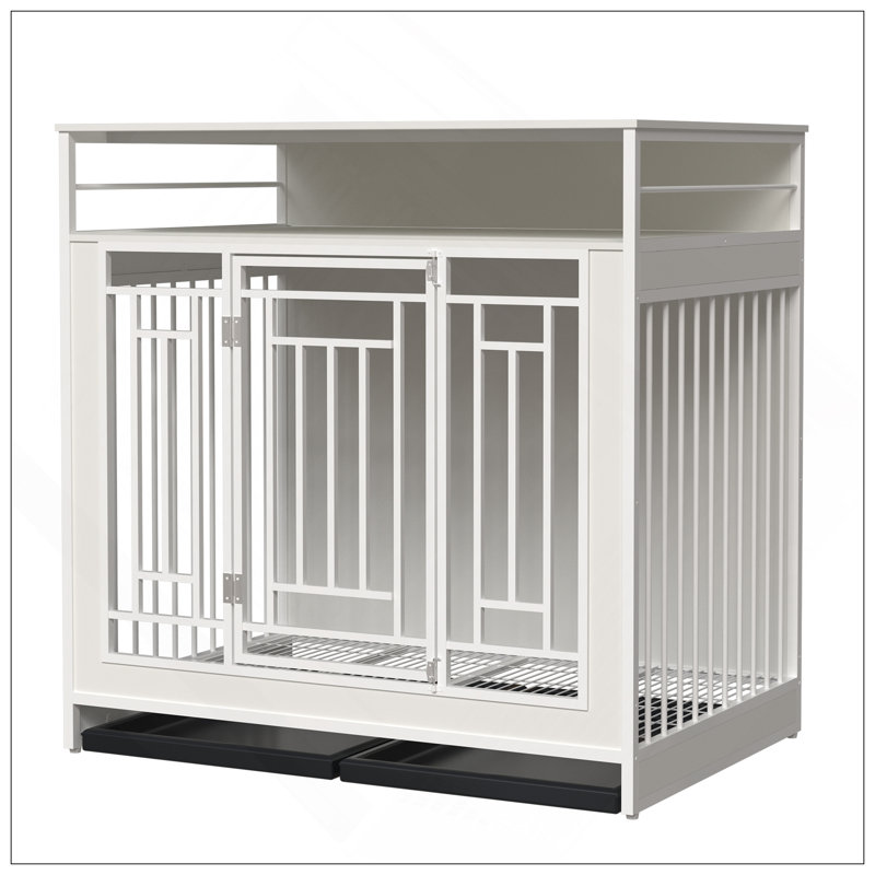 Meuble pour chien en bois 43,3 pouces avec séparateur, trois tiroirs et portes doubles pour grands et moyens chiens, blanc