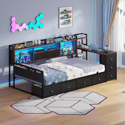 Twin Daybed Corner Bed Frame With 7 Drawers, Desk And Bookcase Storage, Metal Platform Bed With Charging Station, Black