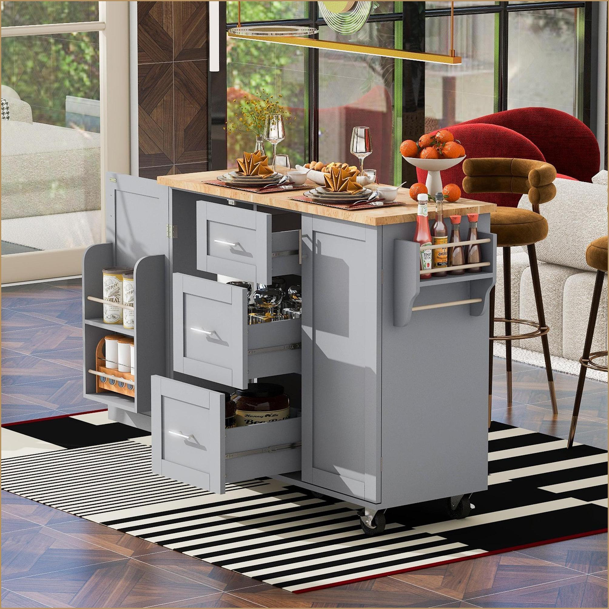 Latitude Run® Kitchen Island with Storage, Rubber Wood Top & Rolling ...