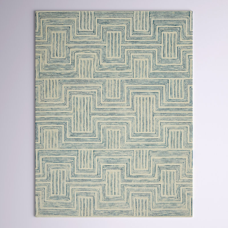 Tapis bleu / beige en laine touffeté à motif géométrique Jora, Rectangle 3 pi 9 po x 5 pi 9 po