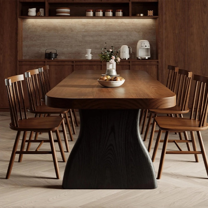 Nut-brown+Black Rectangular Solid Wood Dining Table, 29.53"H×62.99"L×31.50"W