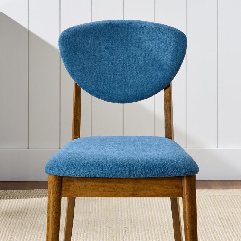 2-Piece Mid-Century Modern Wood & Upholstered Dining Chair Set, Blue, Walnut