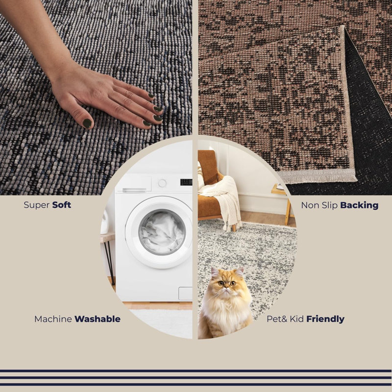 Ruglenza Modern Woven Rug - Washable Soft Touch Carpet, Non Slip Base, Easy Clean Wool Blend Texture, Decorative Area Rug for Living Room & Bedroom