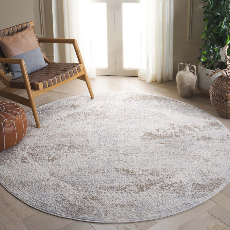 Tapis en polypropylène / polyester tissé à la machine Southwestern en ivoire / gris / beige, Rond 6 pi 7 po