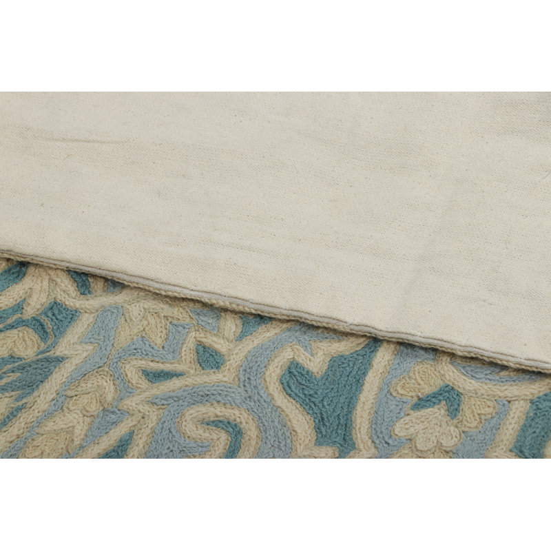 Rug & Kilim’S Contemporary Chain Stitch Rug In Blue With Cream Floral Patterns