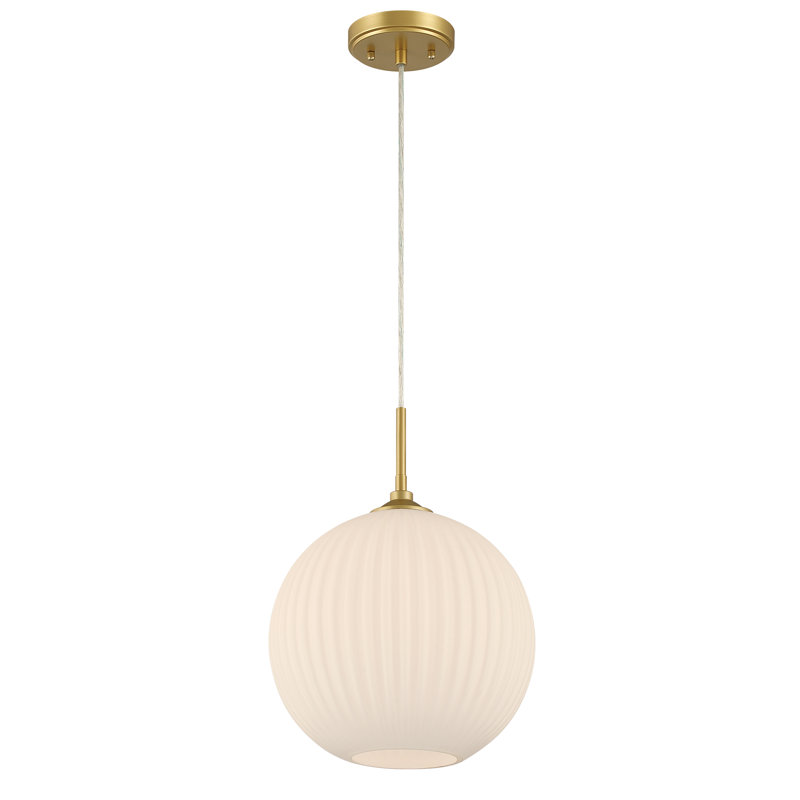 1 - Light Ribbed Frosted Glass Globe Pendant Light, Gold