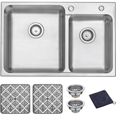 18 Gauge Stainless Steel 31.5 in. Double Bowl Kitchen Sink Drop-in 2-Hole, 31.5'' x 20.5'' x 9''