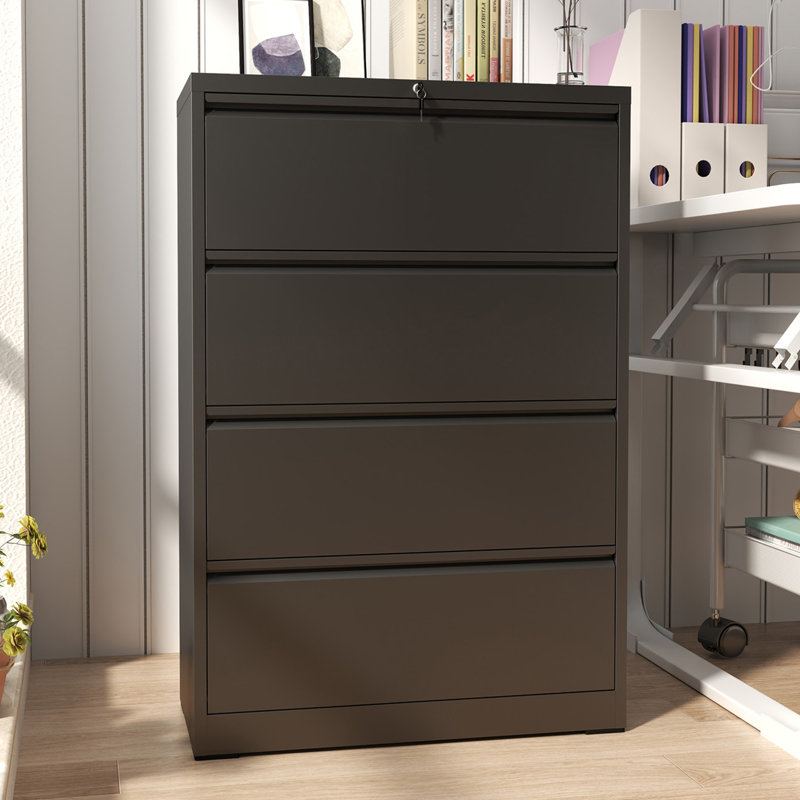 Abheek 4-Drawer Locking Metal Lateral File Cabinet – Heavy-Duty Home Office Filing Cabinets, Assembly Required, Fits Legal/Letter/A4/F4, Black