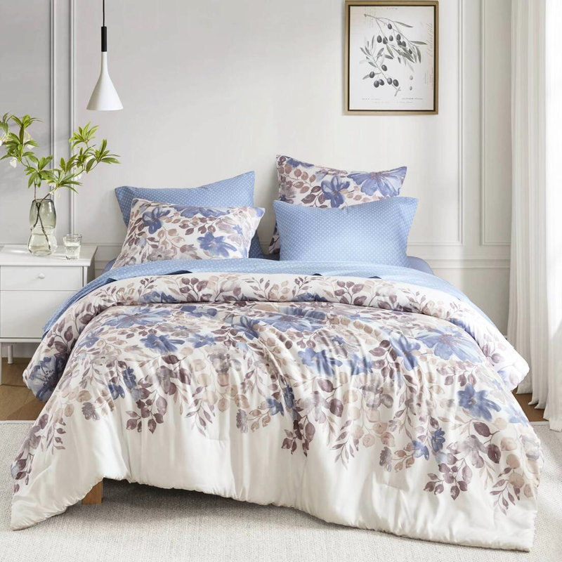 Édredon simple avec feuilles à motif floral bleu, microfibre résistante aux couleurs