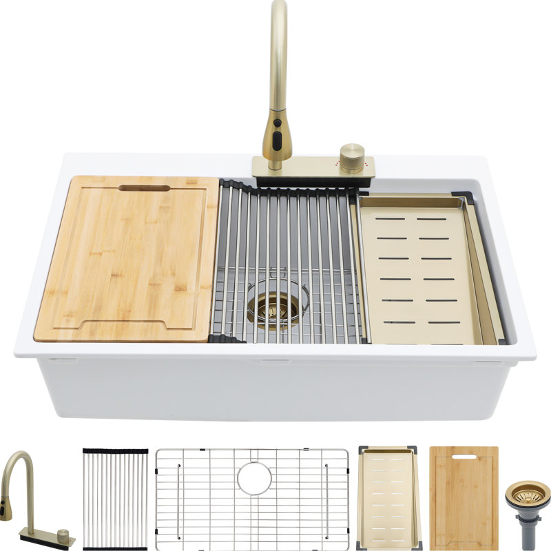 Évier de cuisine en quartz à montage encastré - 33 x 22 po, robinet cascade coulissant et divers accessoires pour station de travail 33 x 22 po, robinet, avec combinaisons