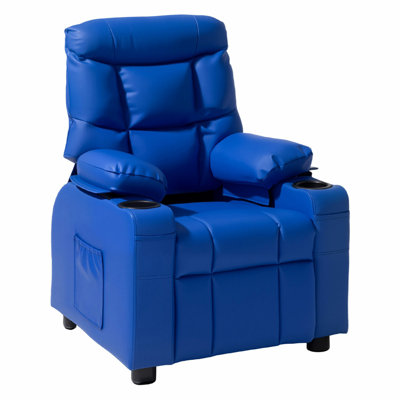 Fauteuil inclinable pour enfants, fauteuil inclinable pour tout-petits avec 2 porte-gobelets et 4 poches, dossier réglable de 107° à 126°, canapé inclinable en cuir PU facile à nettoyer avec repose-pieds, pour garçons, filles et enfants (bleu)