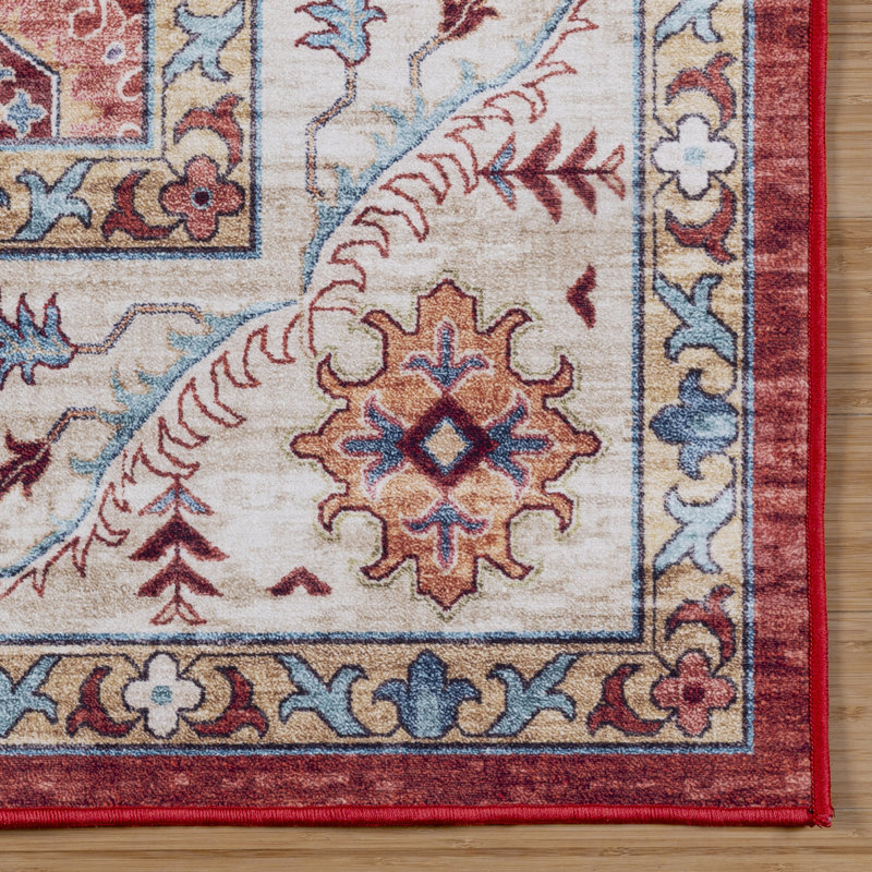 Samira Cullen Machine Washable Floral Border Red Cream Multi Indoor Area Rug, Transitional Flat Pile for Living Room & Bedroom - Red, 5x7