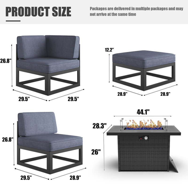 9 - Piece Outdoor Modular Sectional Set with Fire Table, Navy Blue