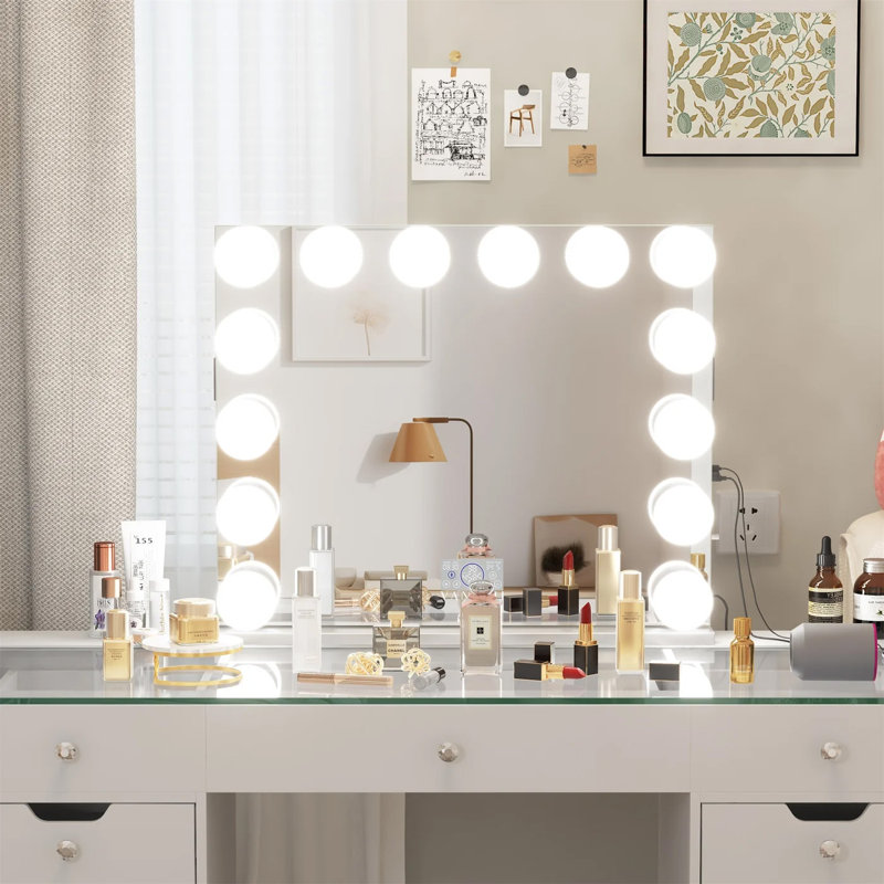 Miroir de maquillage avec ampoules à intensité variable et fixation murale Bluetooth, 27 po x 31,5 po, White