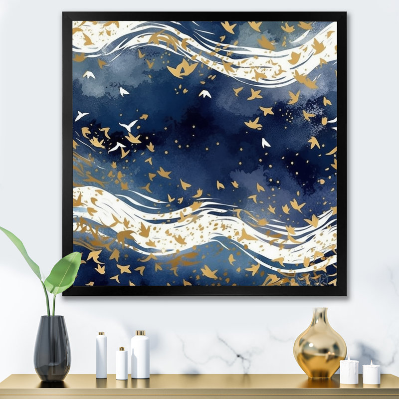 Bleu foncé et or abstrait VI, H 36 po x l 36 po x P 1,5 po, Cadre simple noir