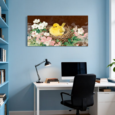 Animals Yellow Chick In Nest With Flowers