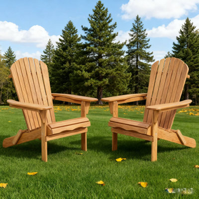 Set Of 2 Solid Cedar Wood Outdoor Folding Adirondack Chairs With Embossed Wood Grain For Garden