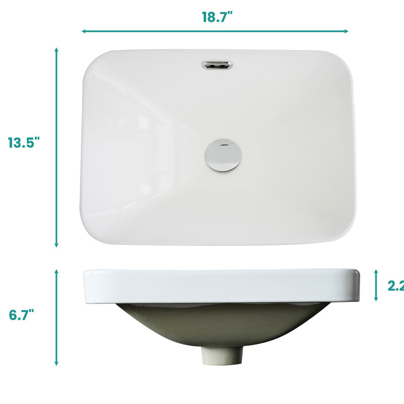 Élégant lavabo encastré en céramique blanc brillant, hauteur de 6,8 po, non poreux, comptoir sans soudure à ajustement ultra-brillant d'une largeur de 14,34 po, résistant aux taches, surface lisse