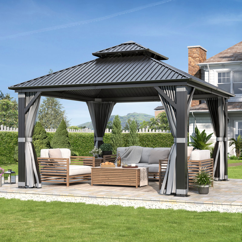 12 ft. W x 12 ft. D Aluminum Patio Gazebo - Galvanized Steel Hardtop Gazebo with Curtain & Nettings, 12 ft. W x 12 ft. D