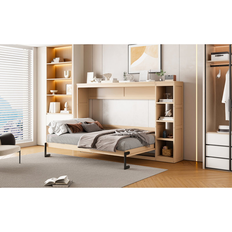Lit pleine grandeur naturel avec bibliothèque et cadre, pliable pour économiser de l'espace, rangement spacieux, support à lattes de bois, structure décorative simple à assembler, épargne pliable dans un appartement, rangement
