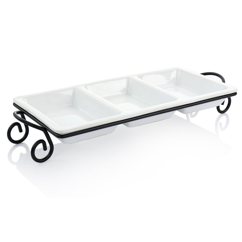 Modern White Porcelain 3-Section Rectangular Serving Tray with Metal Rack