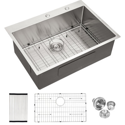 16 Gauge Stainless Steel Basin Sink For Kitchen: 30x22 Inch Drop In. T304 Sturdiness. 30" Single Bowl, Soundproof, Smooth Draining. With Extras Kitchen In Steel: Gauge. Long-lasting. Deep Basin,