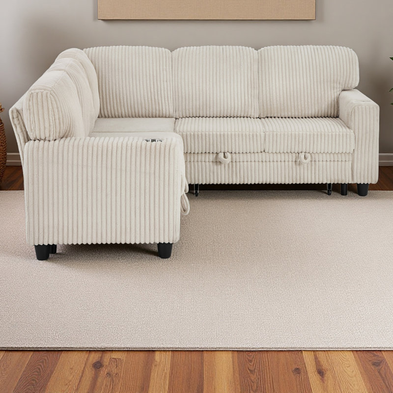 L-Shaped Sectional Sofa Bed With Pull-Out Bed & Storage, 5-Seat Sleeper Couch With USB Charging, Convertible Design For Living Room, Apartment, Corduroy Fabric