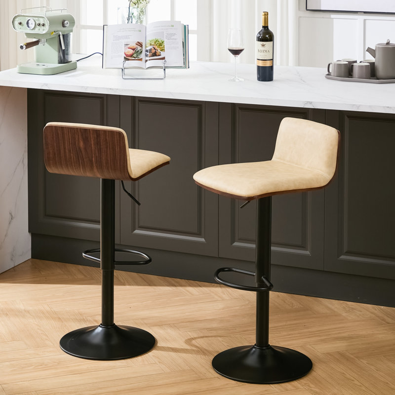 Tabouret de bar pivotant réglable en hauteur avec dossier courbé en noyer , Beige, 2