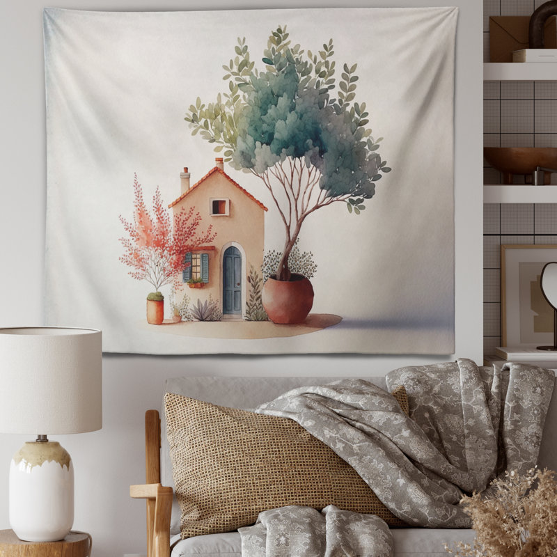 Tapisserie polyester maison de campagne terre cuite, H 50 po x l 60 po