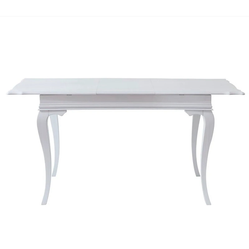 Table de salle à manger extensible de couleur blanc uni, 31,5 po x 47,2 po x 29,5 po (Ouvert: 31,5 po x 63,0 po x 29,5 po) | Pieds 100% bois de hêtre, plateau en panneau de fibres à densité moyenne, 0,7 po d'épaisseur | Conception traditionnelle, par