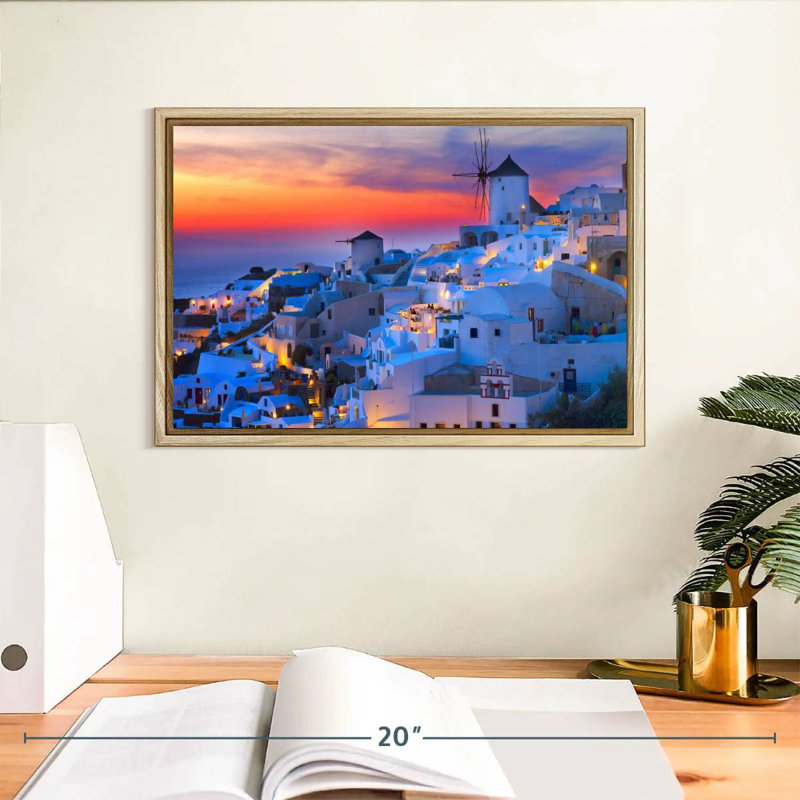 Santorini Lights, Floating Frame Natural Wood, 13" X 9"