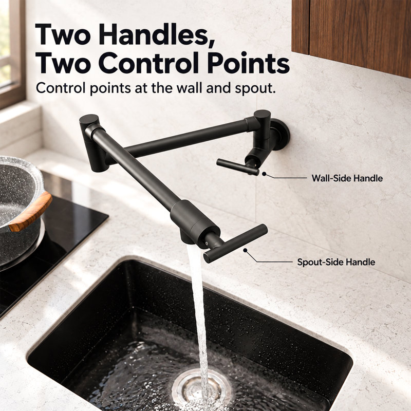 Wall Mounted Pot Filler Faucet with Extendable Swivel Arm, Kitchen Faucet with Dual Handles and Dual Shut-Off Valves, Designed for Over Stove Installation