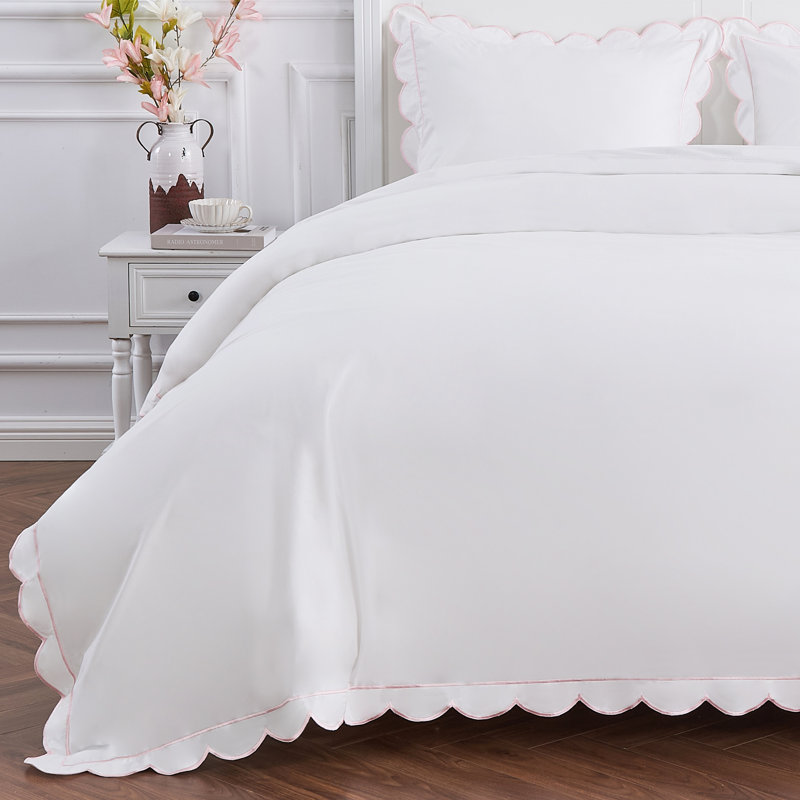 SCALLOP FRAME PERCALE DUVET SET, King Duvet Cover + 2 King Shams, Pink