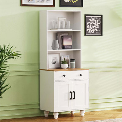 Farmhouse Storage Cabinet with 4 Solid Wood Gourd-Shaped Legs, Modern Kitchen Pantry Cabinet with Adjustable Shelves, 5 Tier Bookshelf with Drawer for by Alcott Hill