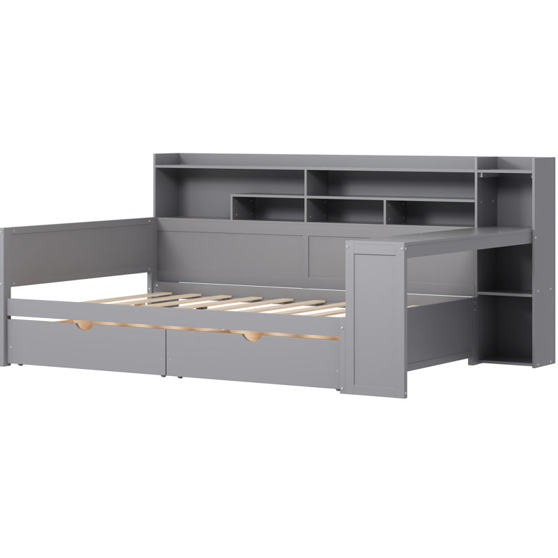 Lit de jour double en bois gris avec tiroirs de rangement et bureau d'étude, Lit double