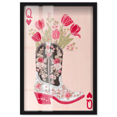 Tulips Cowgirl Boot Card Pink Shadowbox Print Pink Wall Decor by Art Remedy, Black Frame, 37 x 55
