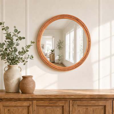 Miroir mural rond à cadre en bois avec perles