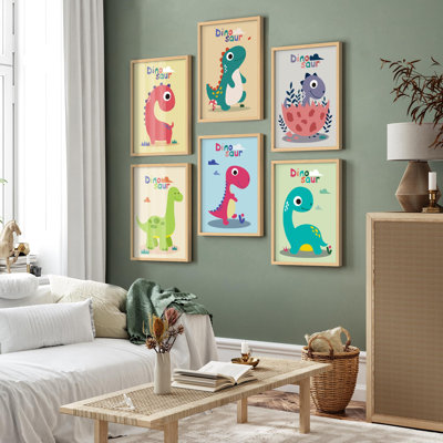 Reproduction d'art encadrée, reproduction de bébé, dinosaure, variété, animaux, enfants, art numérique, art moderne, chambre de bébé colorée pour le salon, la chambre à coucher, le bureau